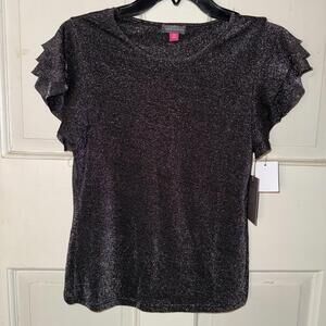 New Vince Camuto Womens Black Metallic Sparkle Top Ruffle Sleeves Y2K XXS